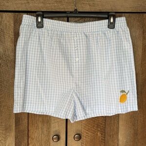 Light Blue Gingham Women's Boxer Style Shorts with Lemon Embroidery